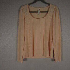 ANTHROPOLOGIE Top Women Size Large Peach Ribbed‎ Knit Puff Shoulder Long Sleeve